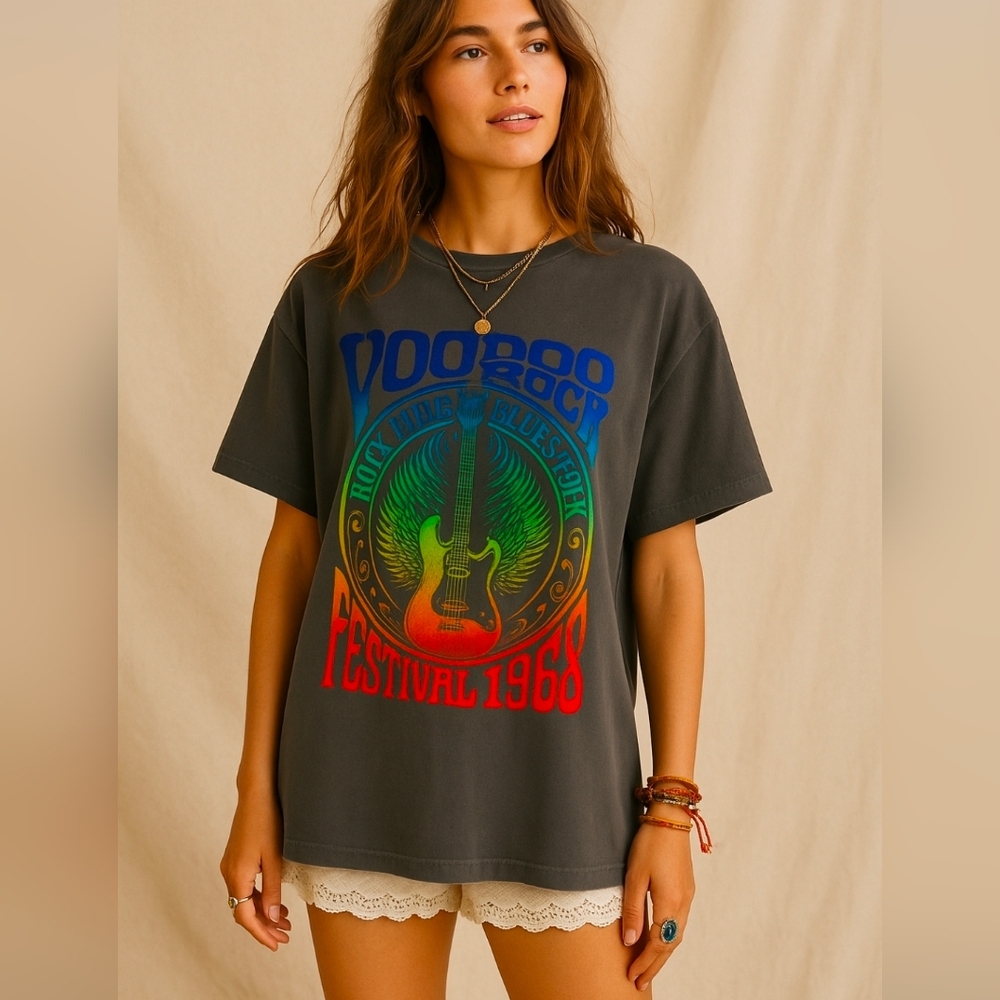 Free People Rock Festival 1968 Music T-shirt Refinery Gray Med & X-Large NIP